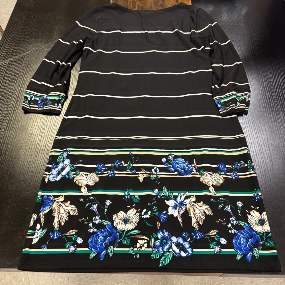 White House Black Market Floral Stripe Dress Black Blue Square Neck 3/4 Sleeve M - Picture 4 of 7